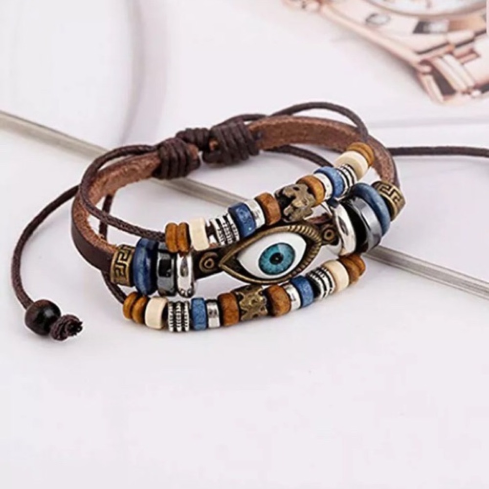 Leather Lucky “Evil Eye” Bracelet Adjustable - Picture 3 of 6